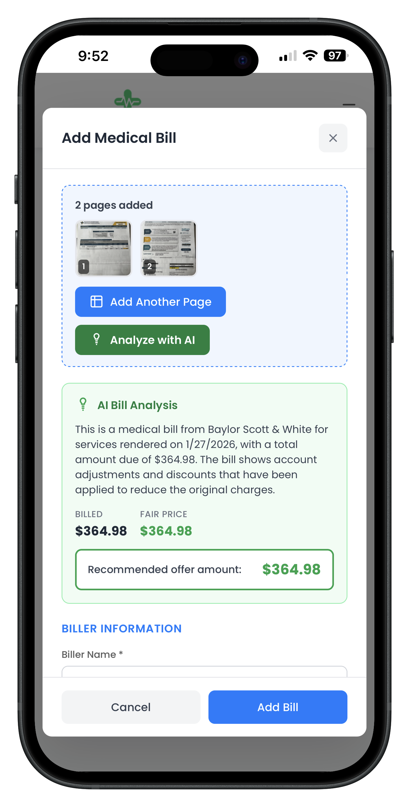 AI Bill Analysis showing fair price and recommended offer