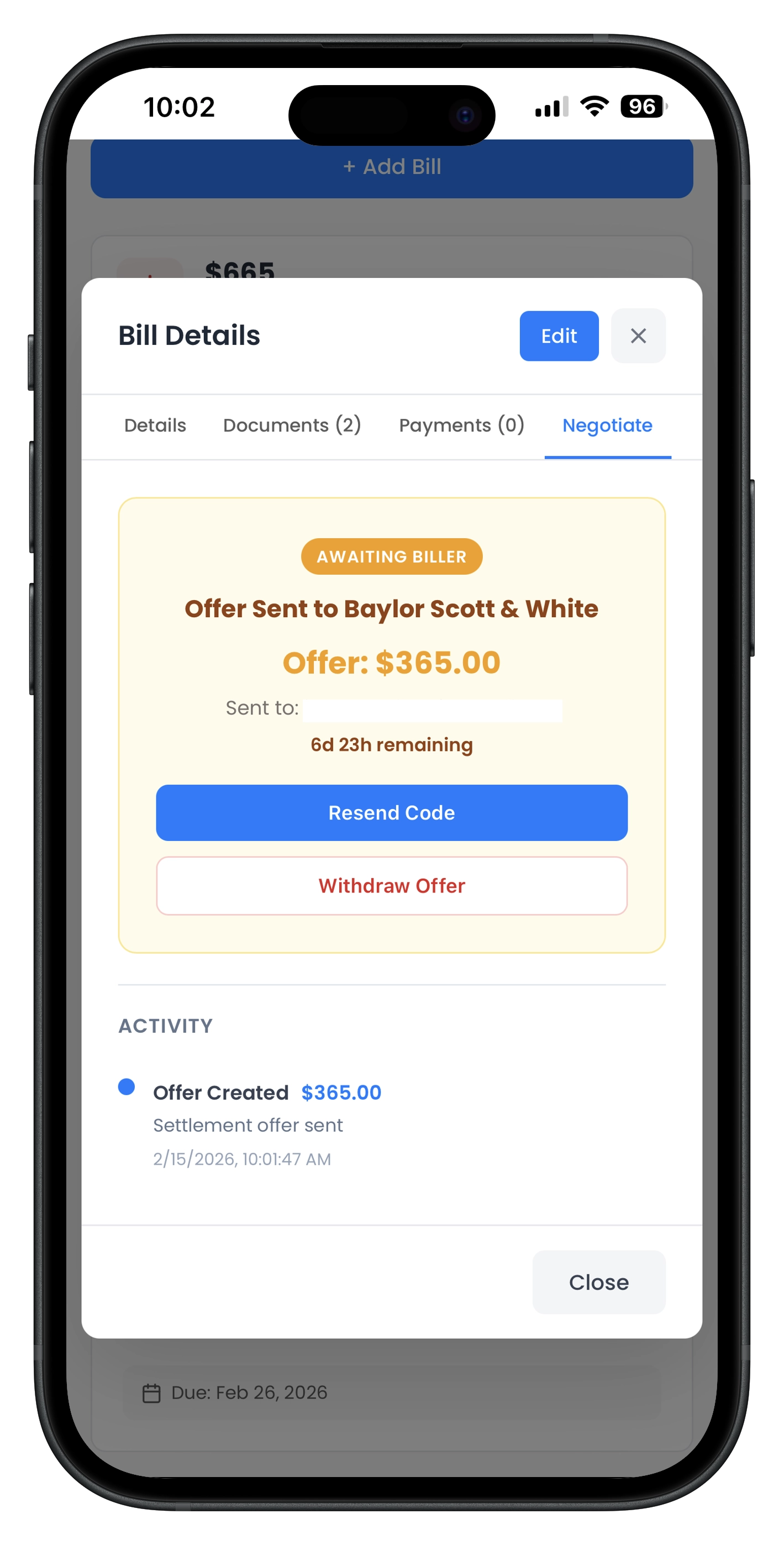 Settlement Offer Sent screen