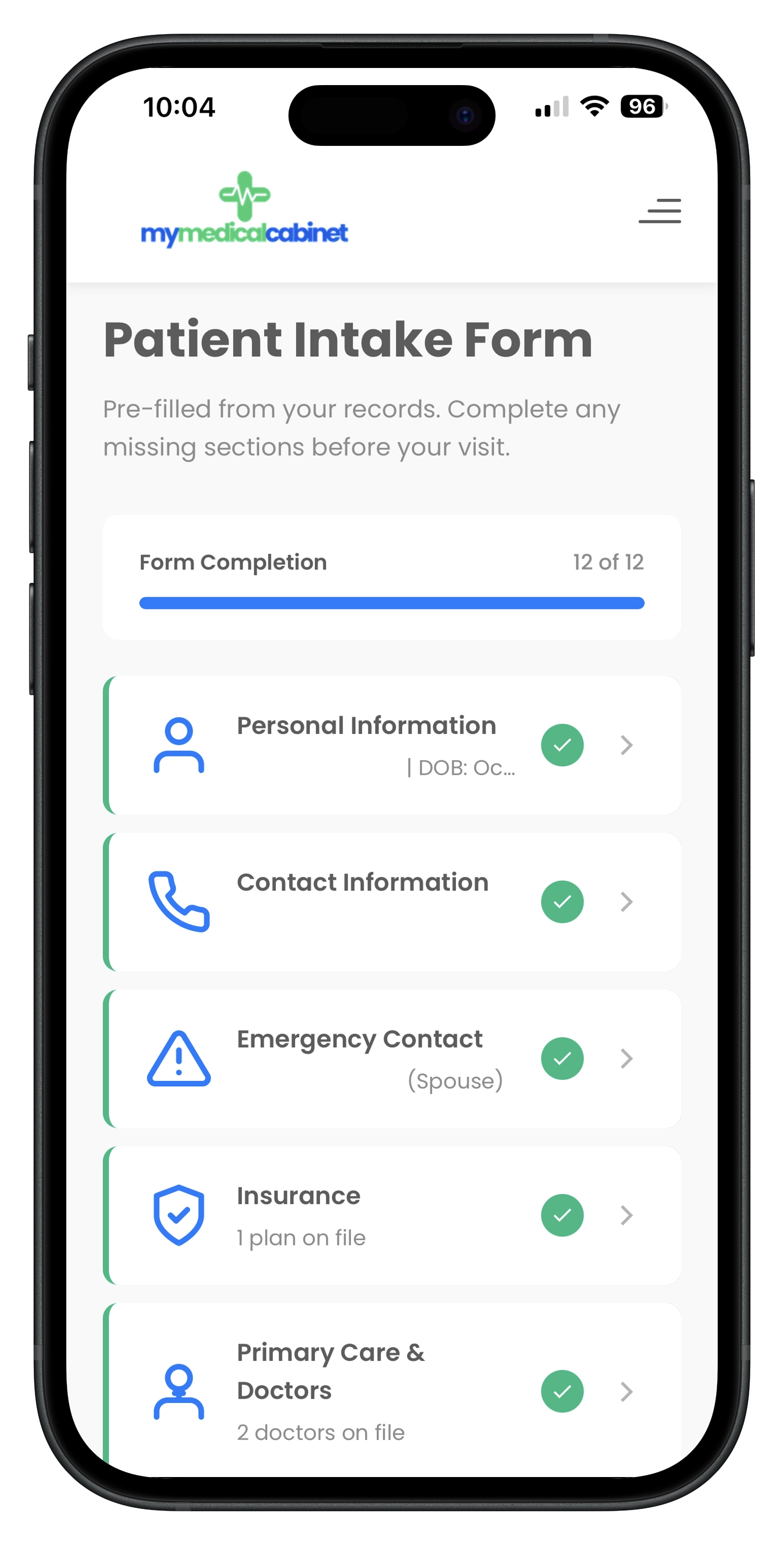 Patient Intake Form complete